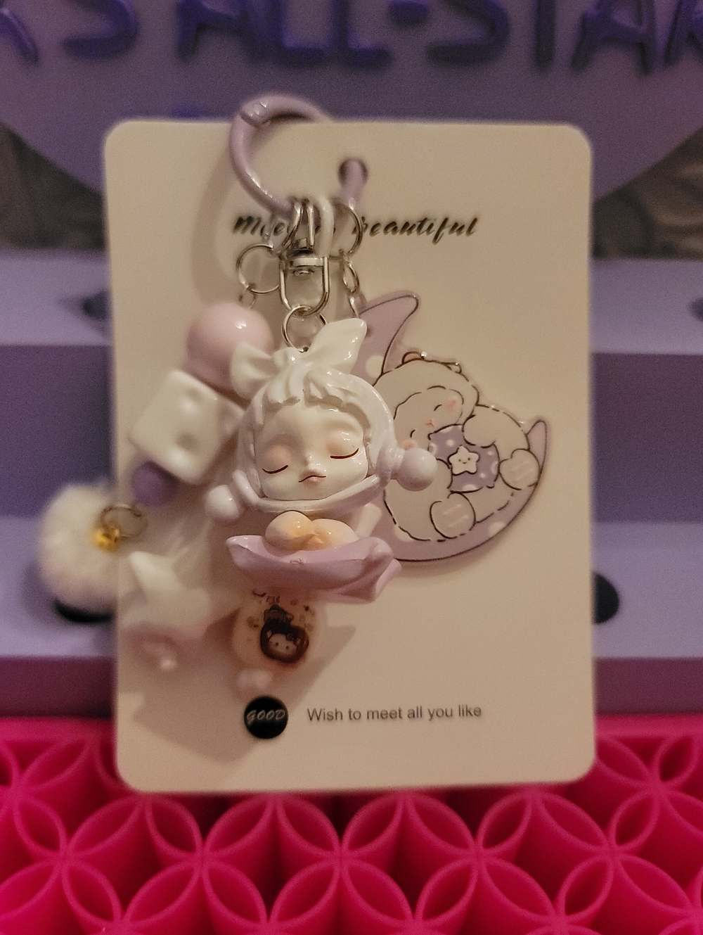 NWT- Cusrom Skull Panda Themed Cute Lavender Sleeping Girl Keychain Charm - Picture 6 of 6
